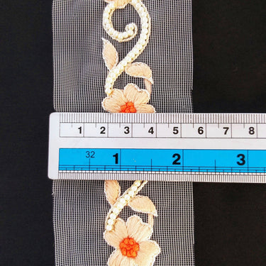 Beige Net Trim With Floral Embroidery, Pearl Beads Trim, Beaded Trim